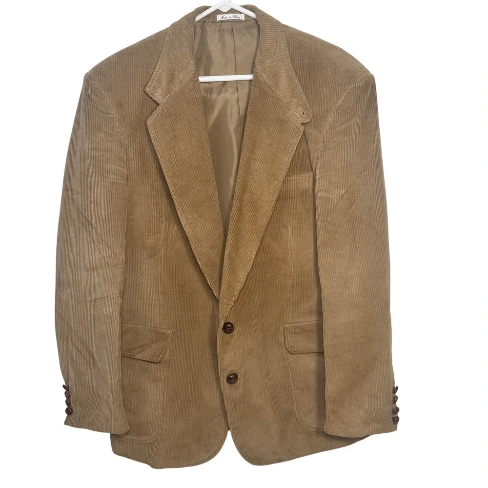 Vintage Men's Tan Corduroy Blazer Jacket 44R Academia Classic Grandpa Two Button